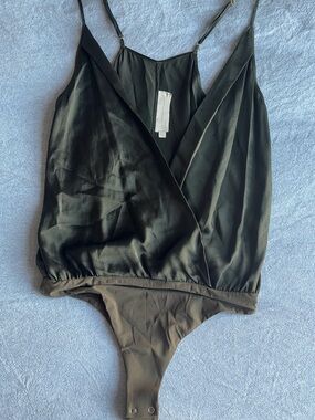 Women's Green Satin Bodysuit with Adjustable Straps